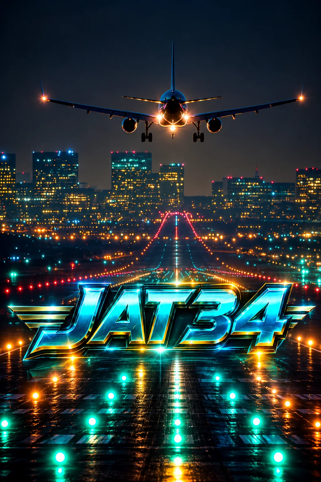Ilustrasi JAT34 dengan pesawat mendekati landasan bercahaya di tengah kota pada malam hari